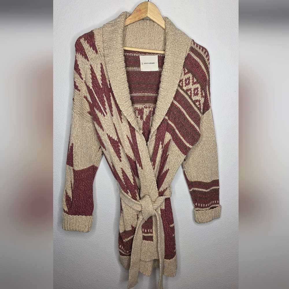 Lucky Brand Women's Shawl Collar Belted Cardigan Sweater - Beige & Burgundy